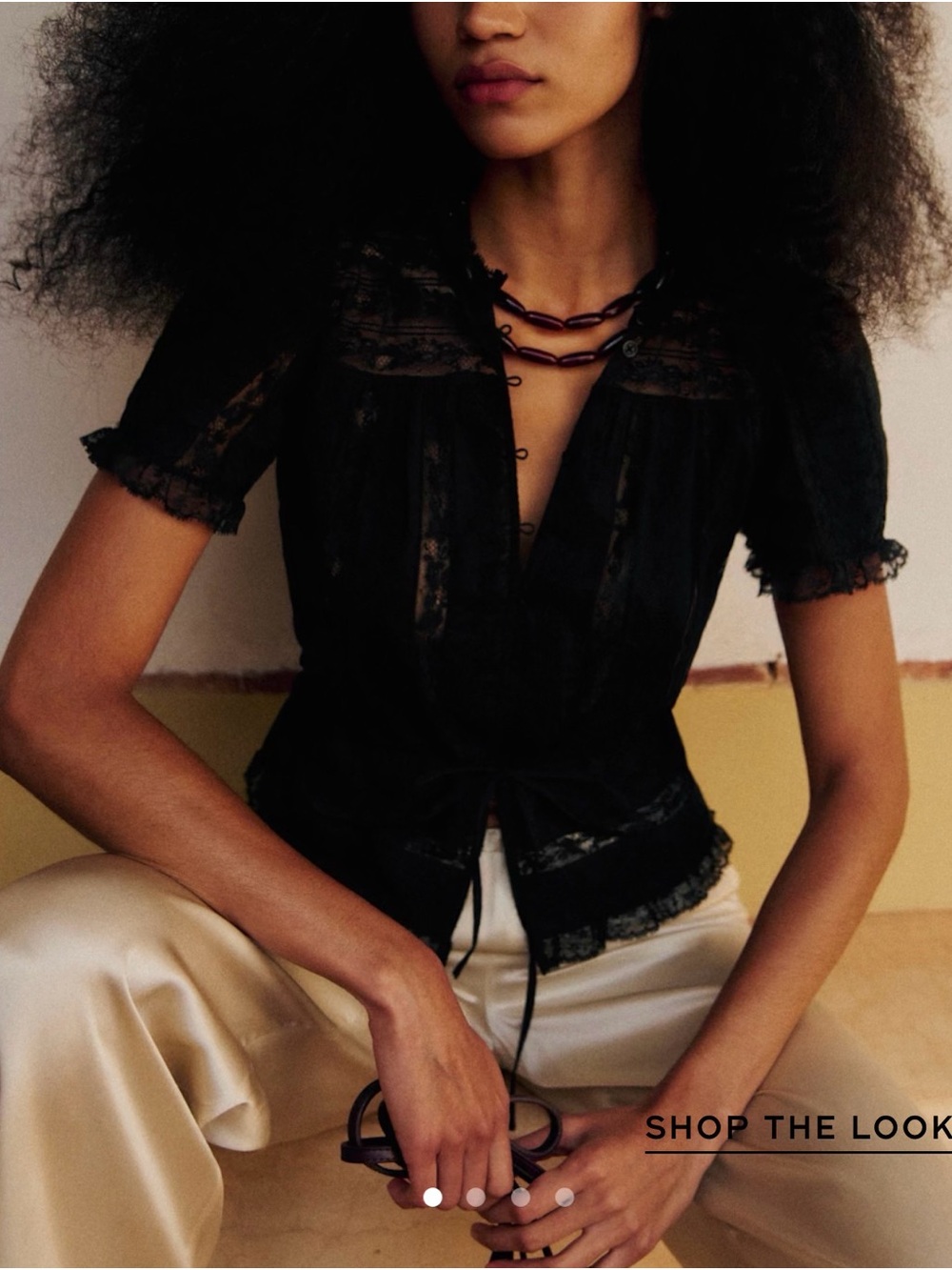 Sezane Shenali Black Lace-Trim Short Sleeve Blouse